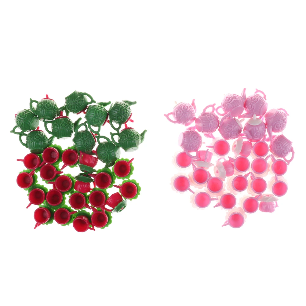 

1/12 Dollhouse Miniature Plastic Pink Tea Pot with 2 Cups Tableware Toys Kitchen Accessory Classic Doll Toy 10 Sets