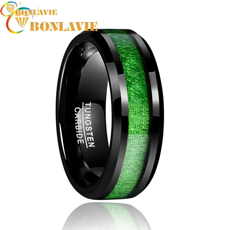 Online Anillo de acero de tungsteno negro de arce con incrustaciones de línea verde para hombres Vintage de 2018