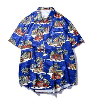 

#1625 Summer Beach Shirt For Men Blue Short Sleeve Hawaiian Shirt Men Cartoon Printed Loose Streetwear Shirt Man High Quality