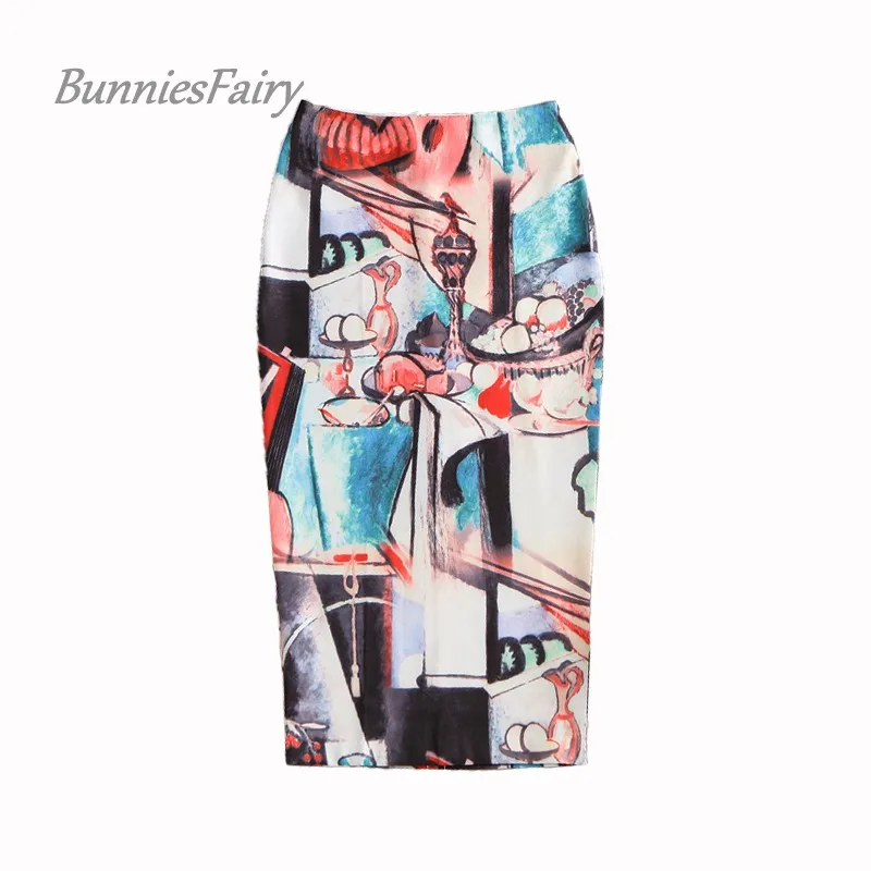 BunniesFairy элегантная женская винтажная ретро картина маслом 3D принт длинная юбка-карандаш с высокой талией облегающая юбка Открытый Длинный разрез