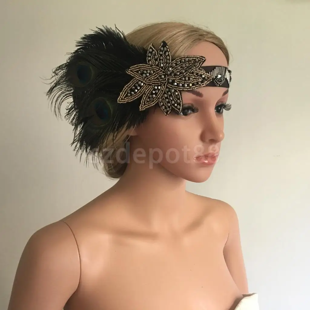 

Beads Peacock Feather Flapper Headband 1920s Great Gatsby Headdress Stretchy Dance Party Prom Charleston Headpiece