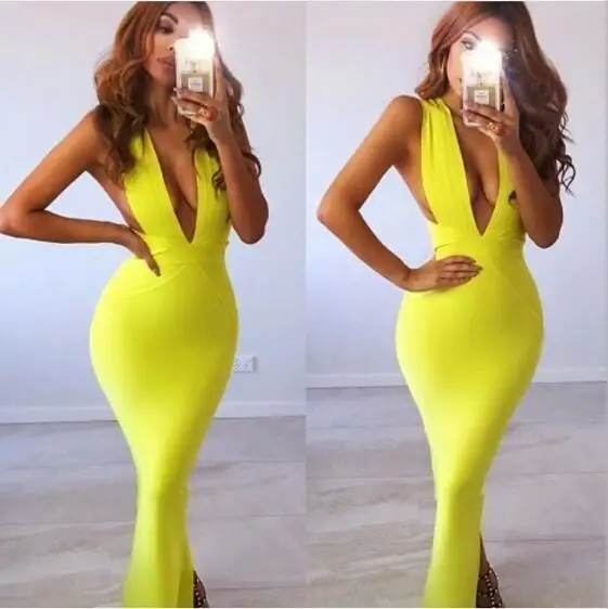 

New Fashion Women Sexy Deep V Neck Open Fork Wine Red Yellow Long Bandage Dress 2018 Fashion Celebrity Party Maxi Dress