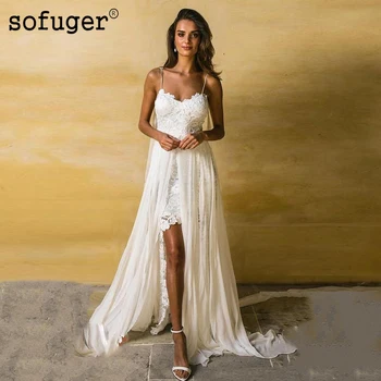 

White Ivory Sexy High Slit Sweetheart Lace Appliques Spaghatti Straps Lace Up Back Bridal Wedding Dresses Vestidos de Noivas