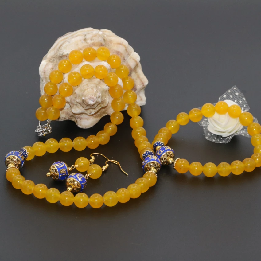New arrival original design yellow jade topaz jasper round beads 8mm earrings necklace bracelets elegant jewelry set B2680