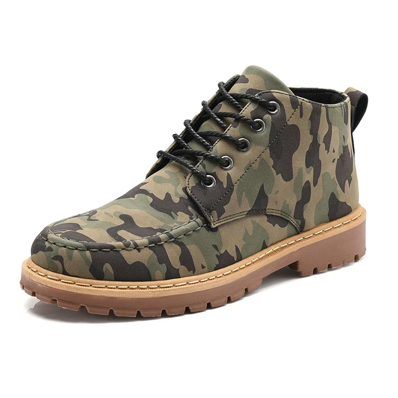 

Fashion Leisure Camouflage Men Motorcycle Boots Ankle Round Toe Low Lace up Martin Boots Sewing PU Outdoor Working Shoes