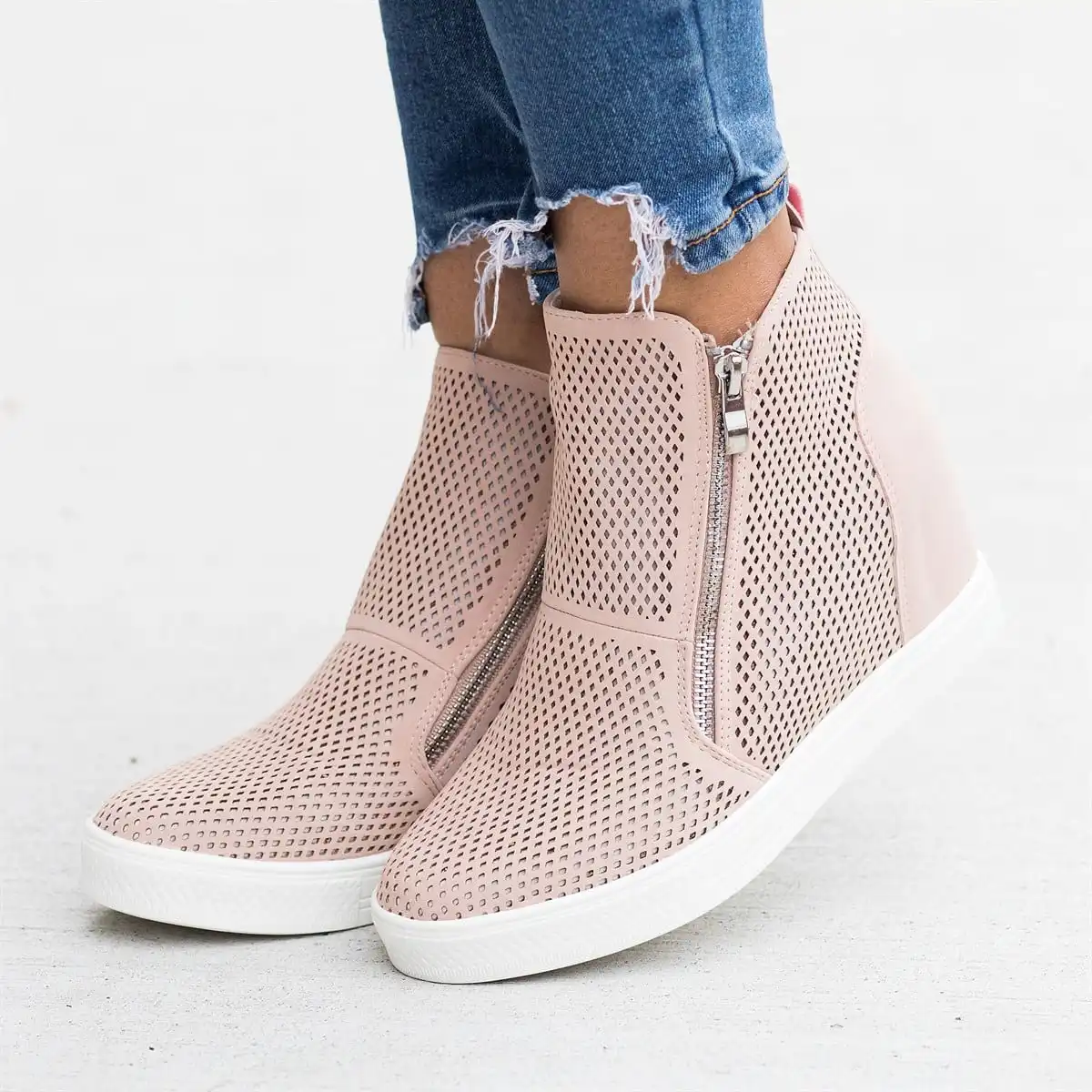 LOOZYKIT PU Leather Woman Casual Shoes Within The Higher Pure Fashion Side Zipper Sneakers Anti Skid Outsole Ladies Shoes