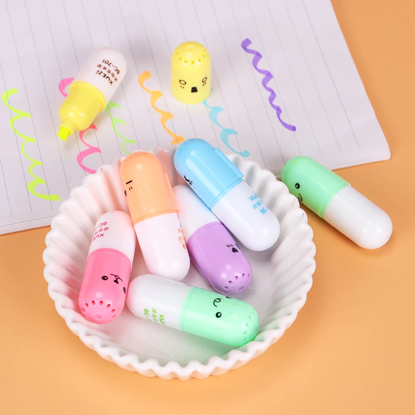 

6PCS/set Mini Pill Shaped Highlighter Pens for Cute Smiling Face Graffiti Highlighter Korean Stationery School Office Supplies