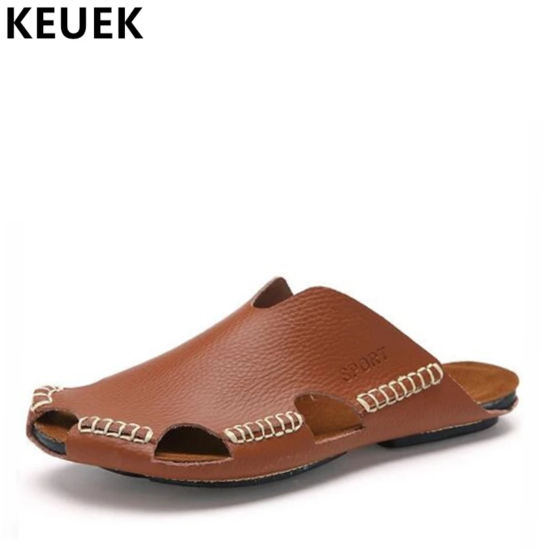 

Genuine Leather Slippers Summer Men Beach Slides shoes Casual Male Sandals zapatillas pantufas Flats chinelo 033