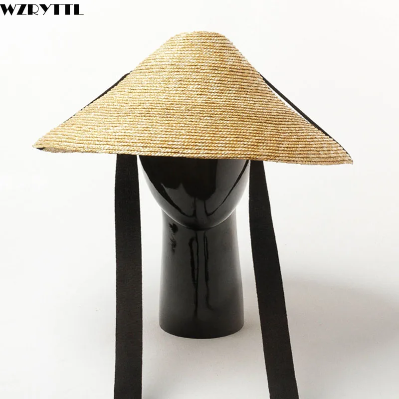 

New Show Summer Hat Outdoor Large Brim Sun Protection Straw Hat with Black Band Tie Women Men Concave Floppy Derby Beach Cap