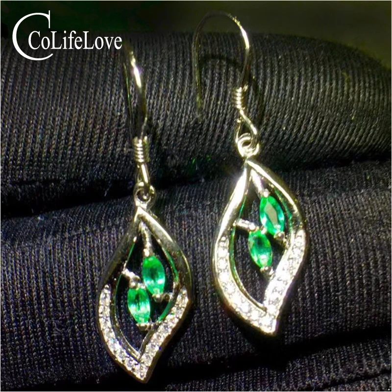 Fashion silver leaf drop earrings with emerald 2.5 mm*5mm natural emerald drop earrings for party silver emerald wedding jewelry Fashion silver leaf drop earrings with emerald 2.5 mm*5mm natural emerald drop earrings for party silver emerald wedding jewelry