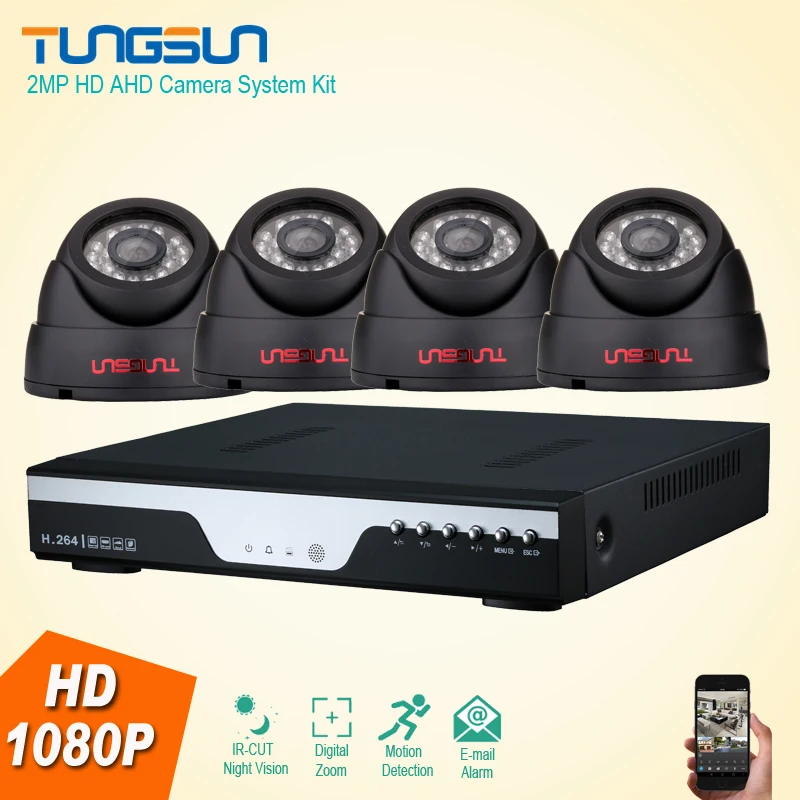 2MP HD 4 Channel 1080P Security Surveillance indoor Black Dome Security Camera 4CH DVR CCTV System Kit Plug and Play