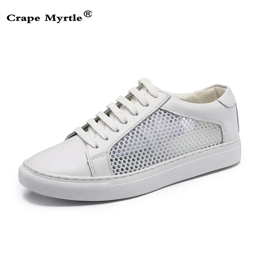 

New casual Genuine Leather shoes woman low top Lace Up White Plus Size shoes summer breathable mesh platform walking shoes ZH238