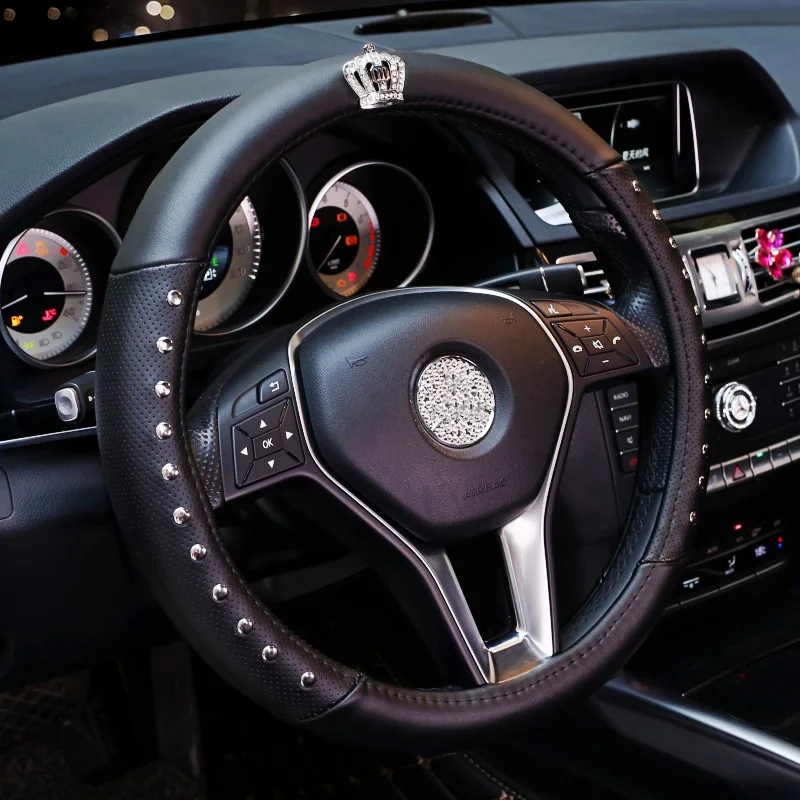 Crystal Crown Genuine Leather Car Steering Wheel Cover Breathable Hole