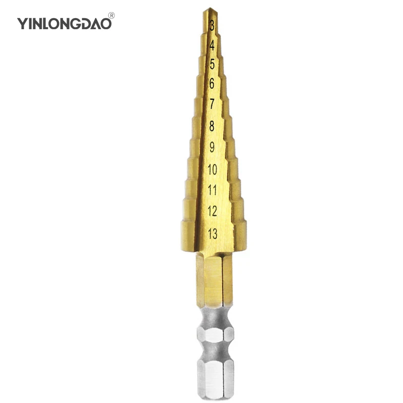 

YINLONGDA Top Quality 11 Steps Titanium Coated Drill Bit HSS 1/4 inch Hex Shank Step Cone Wood Metal Drilling 3~13mm New Arrival