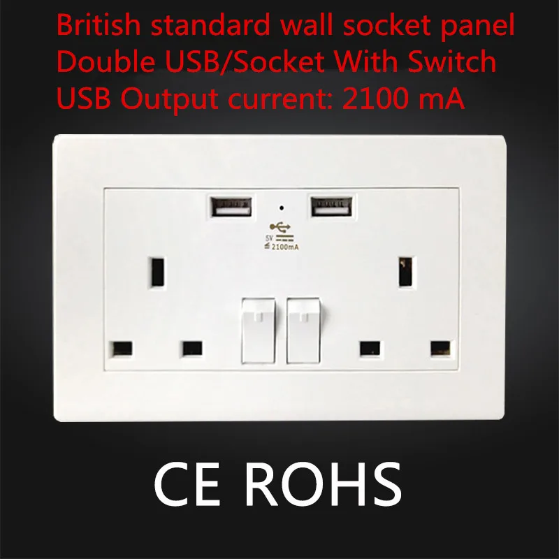 

1PCS SS022 British standard wall socket panel Power Double USB/Socket With Switch 2100 mA Outlet panel 16A 110--250V