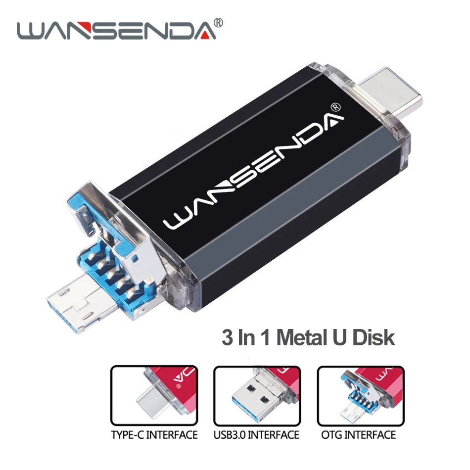 WANSENDA OTG USB 3,0 type-C флеш-накопитель 128 ГБ флеш-накопитель 64 ГБ 32 ГБ 16 ГБ 3 в 1 Тип C Micro USB флеш-накопитель высокая скорость карта памяти