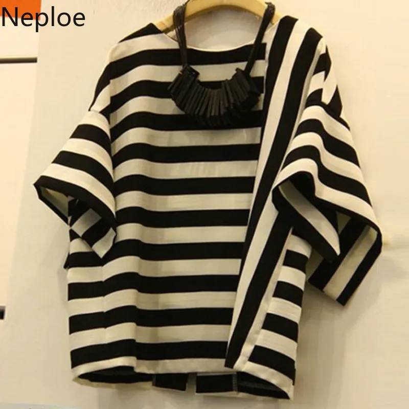 

Neploe Striped T Shirt Women Summer 2019 New Arrival O-Neck Short Sleeve Tees Loose Fashion Cotton Ladies Tops 43877