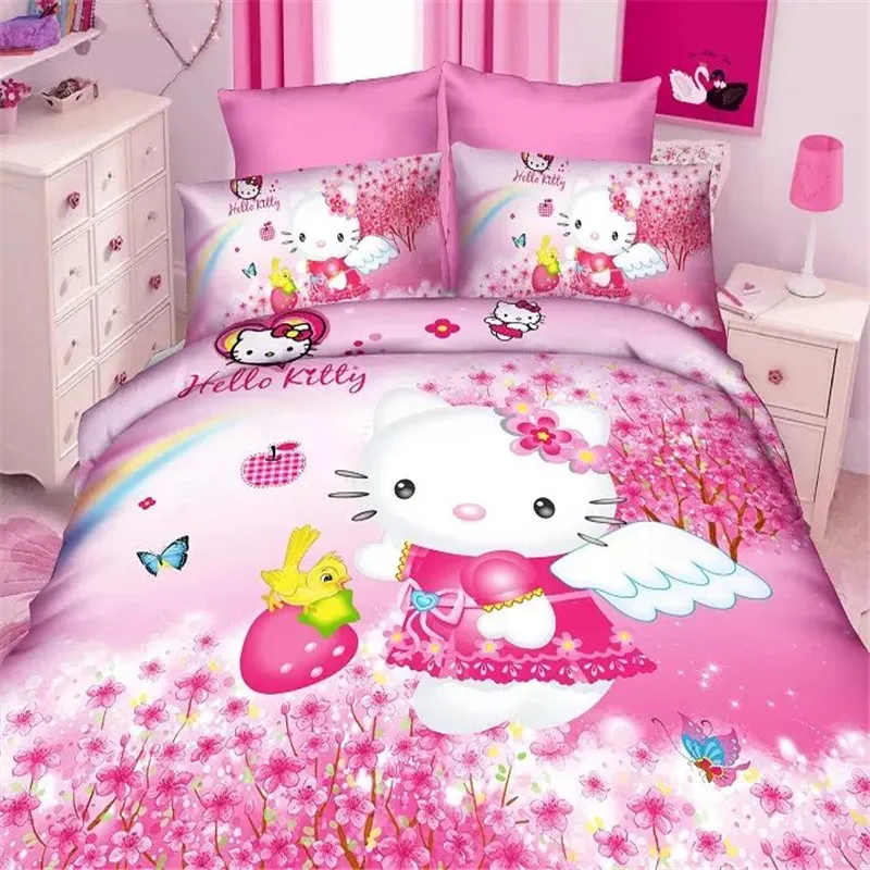 Neue Cartoon 3d hallo kitty mädchen bettwäsche set 2 3 stücke twin einzel größe duvet abdeckung bettlaken kissen fall bettwäsche set rosa Günstig