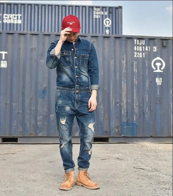 2017 Spring And Autumn Men's Denim Jumpsuit Hiphop Long sleeve Bodysuit