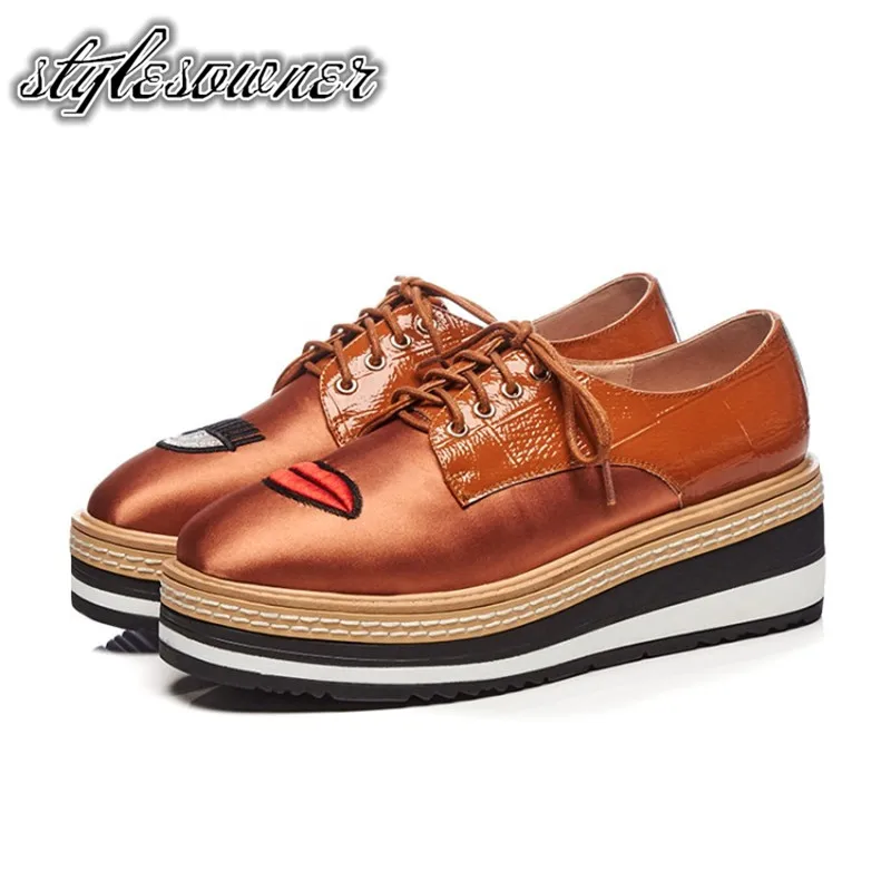 

Stylesowner New Arrival High Quality Solid Color Women Casual Shoes England Style Cow Leather Round Toe Lace-up Shallow Shoes