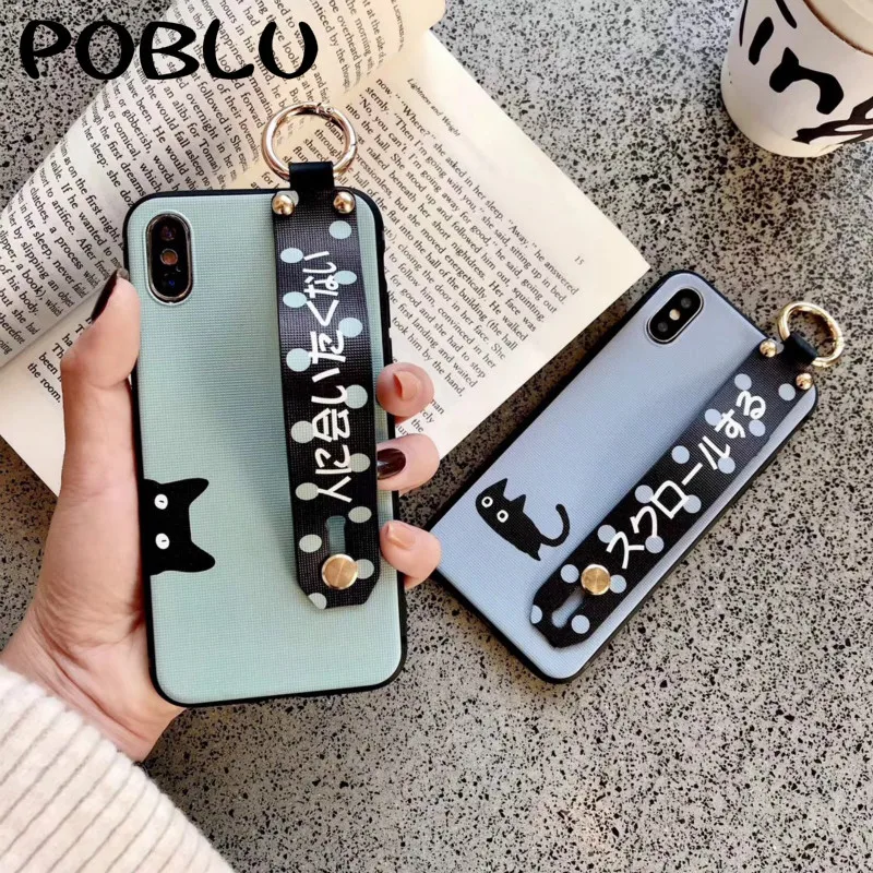

POBLU Cute Cartoon Animal Cat Case For iphone XR XS Max Wrist Strap Hand Band Soft TPU Back Phone Cover For iphone 6s 7 8 Plus