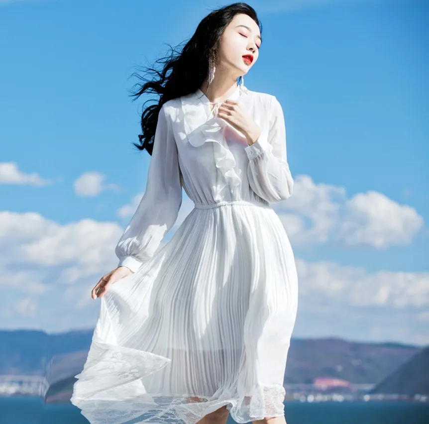 

Women Spring Summer Dress Long Sleeve Sweet Ladies Elastic Waist Lace Up Ruffle V Neck Dress Chiffon Patchwork Lace Dress White