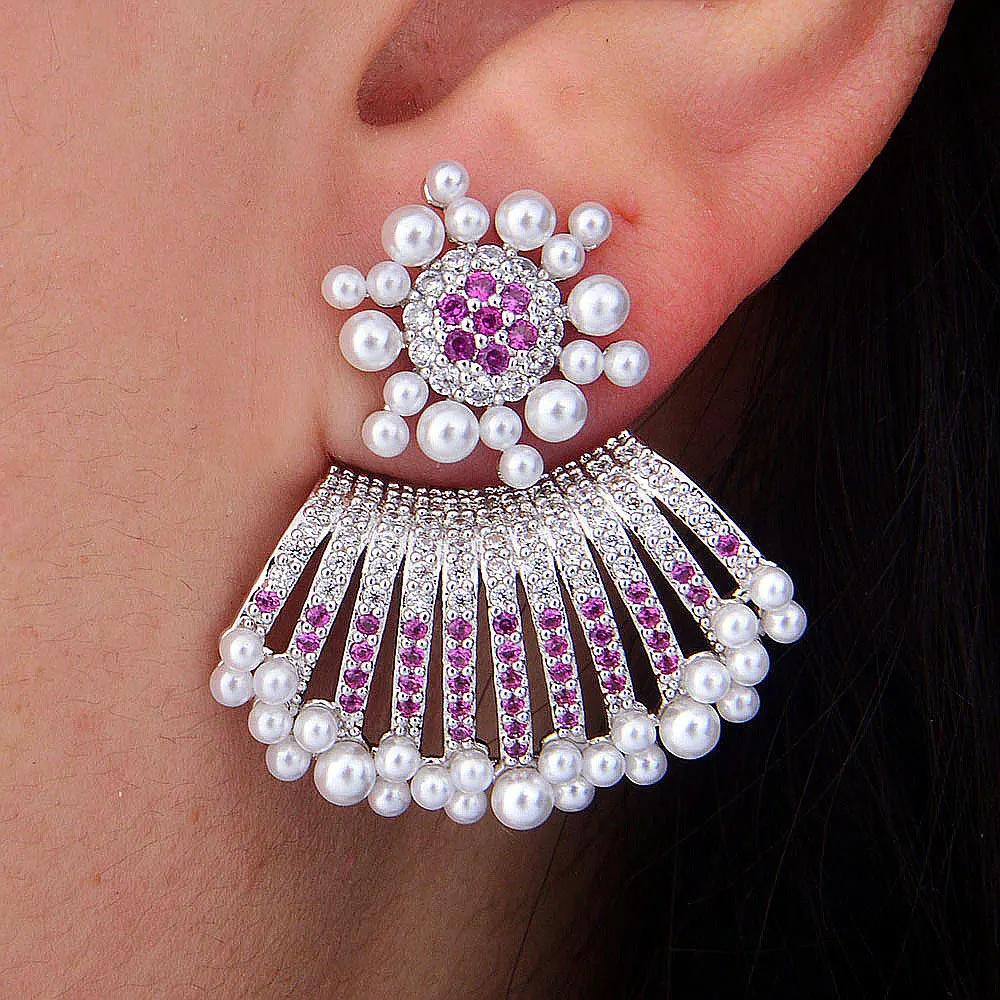

GODKI Imitation Pearl Curtain Stud Earrings For Women Full Mirco Cubic Zirconia Crystal Ear Jacket For Women