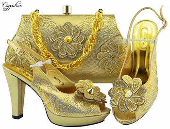 

Luxury party set gold high heel shoes and evening bag set with rhinestones for fashion lady MM1074, heel height 11.5 cm