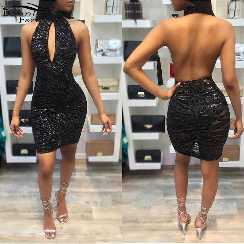 

Bonnie Forest Glitter Womens Sexy Open Back Cut-Out See Through Party Dress Summer Slim Black Bodycon Sequins Dress Clubwear