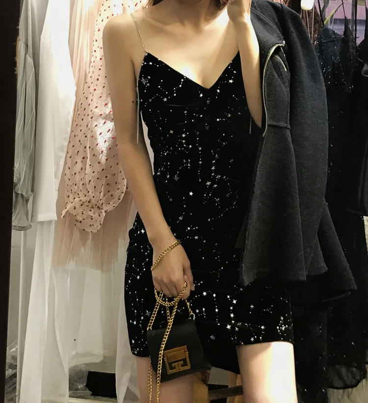 

S-XL black velvet shining stars summer v neck female party women slim sleeveless mini dress vestidos (Q3053)