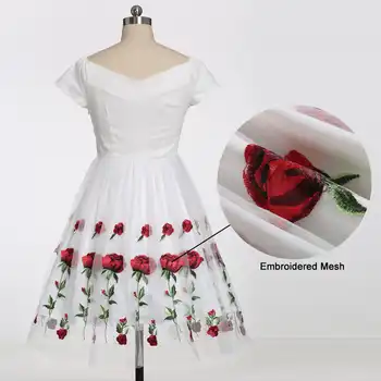 Tonval Rose Flower Embroidery V neck Elegant Dress Pleated Mesh Overlay Floral White Dresses Women Vintage Style Party Dress