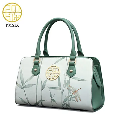 PMSIX новая сумка женская кожаная сумка с принтом в виде листьев лотоса винтажная женская сумка на плечо Высококачественная дизайнерская сумка P120118 - Цвет: Light Green