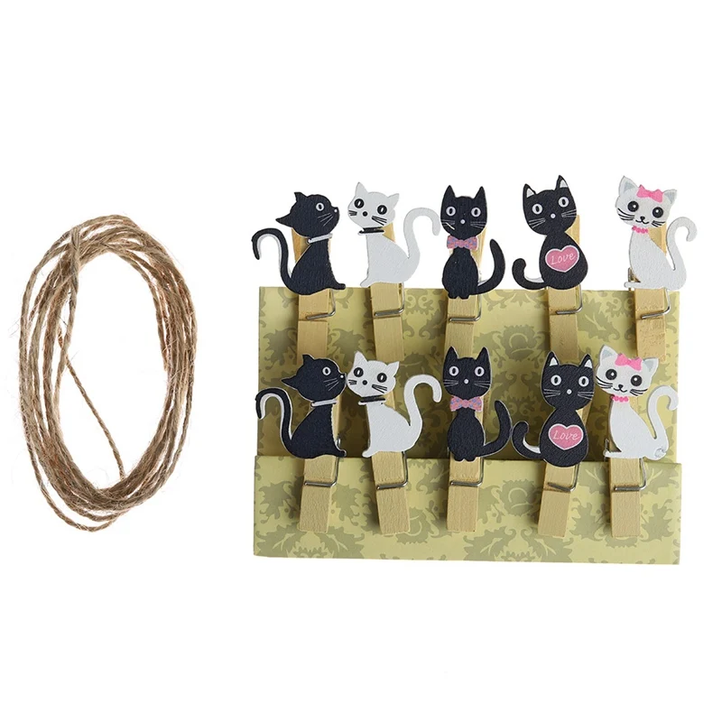 

Cute Mini Photo Cat Wooden Clips For Students Paper Clip With Hemp Rope Clip Kawaii Wood 10pcs/set DIY Tools