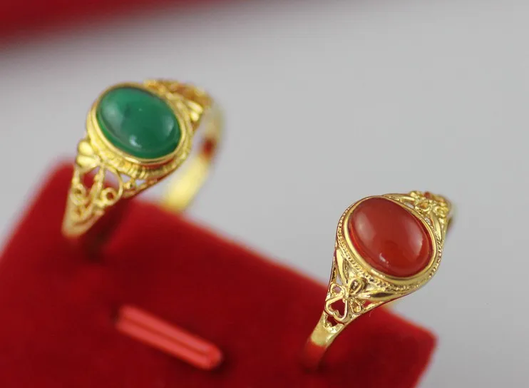 

China 's classic Vintage 24K Gold filled tungsten oval Enamel red And Green Finger Ring for men women Party Wedding Fashion Jew