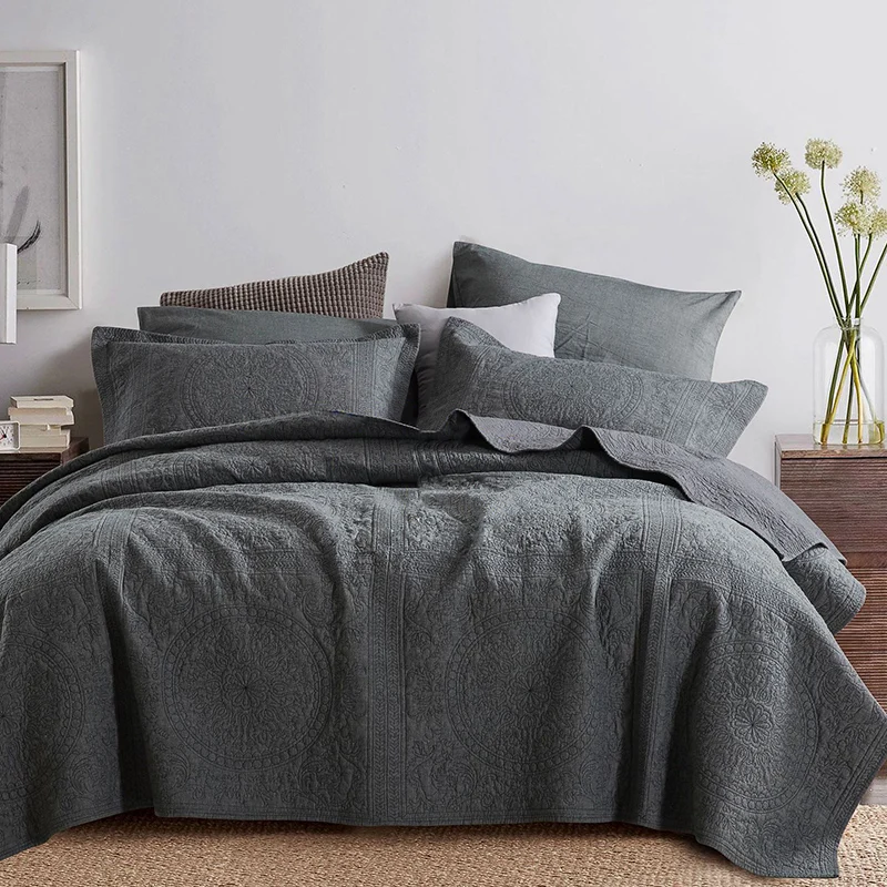 Gray Cotton Bedspread Quilt Set 3pcs Coverlet Solid Color