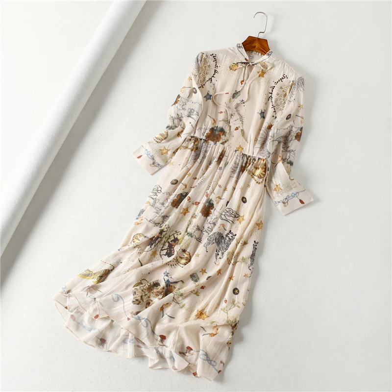 

2019 autumn new style bright silk a word retro print long-sleeved chiffon midi dress