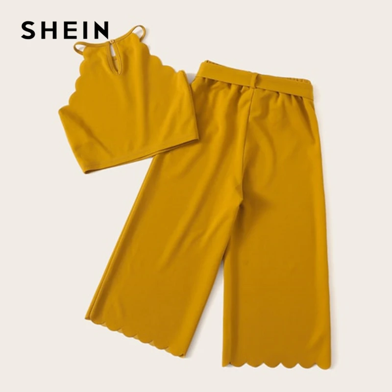 SHEIN/Детский комплект для девочек, имбирный топ на бретельках и штаны с поясом, комплект в стиле бохо, г. Летний детский комплект из двух предметов без рукавов на пуговицах