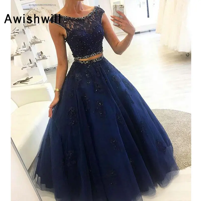 2 (1) Elegant Two Pieces Evening Dress Long Sleeveless Tulle Appliqued Crystal O Neck Prom Gowns Party Dresses Robe De Soiree