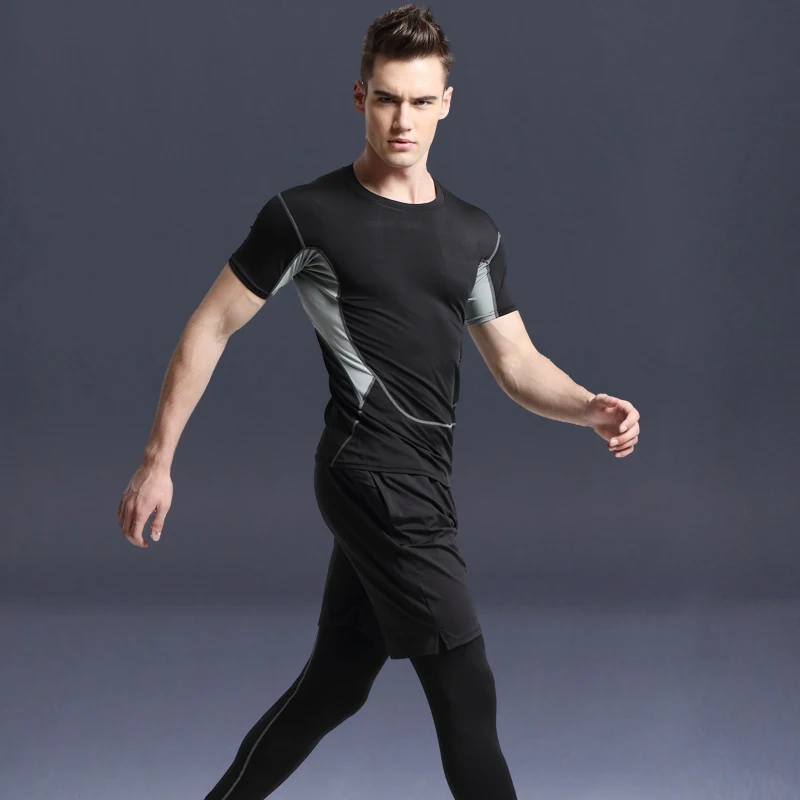 S4XL Mens Compression Set Running Tights Workout Fitness Training Tracksuit Shirts SportSuit Rashgard Kit MMA Running Gym Shirt (3)