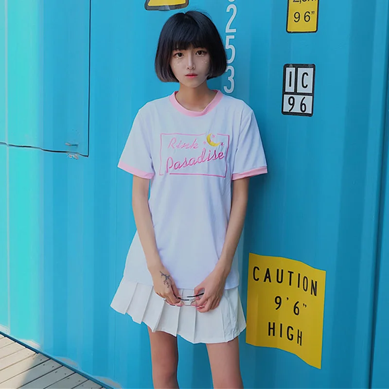 Kawaii/футболка с Луной, Южная Корея, ulzzang, Harajuku, японская, дикая, милая, сестренка, луна, вышивка, бой, Студенческая футболка для девочек - Цвет: White