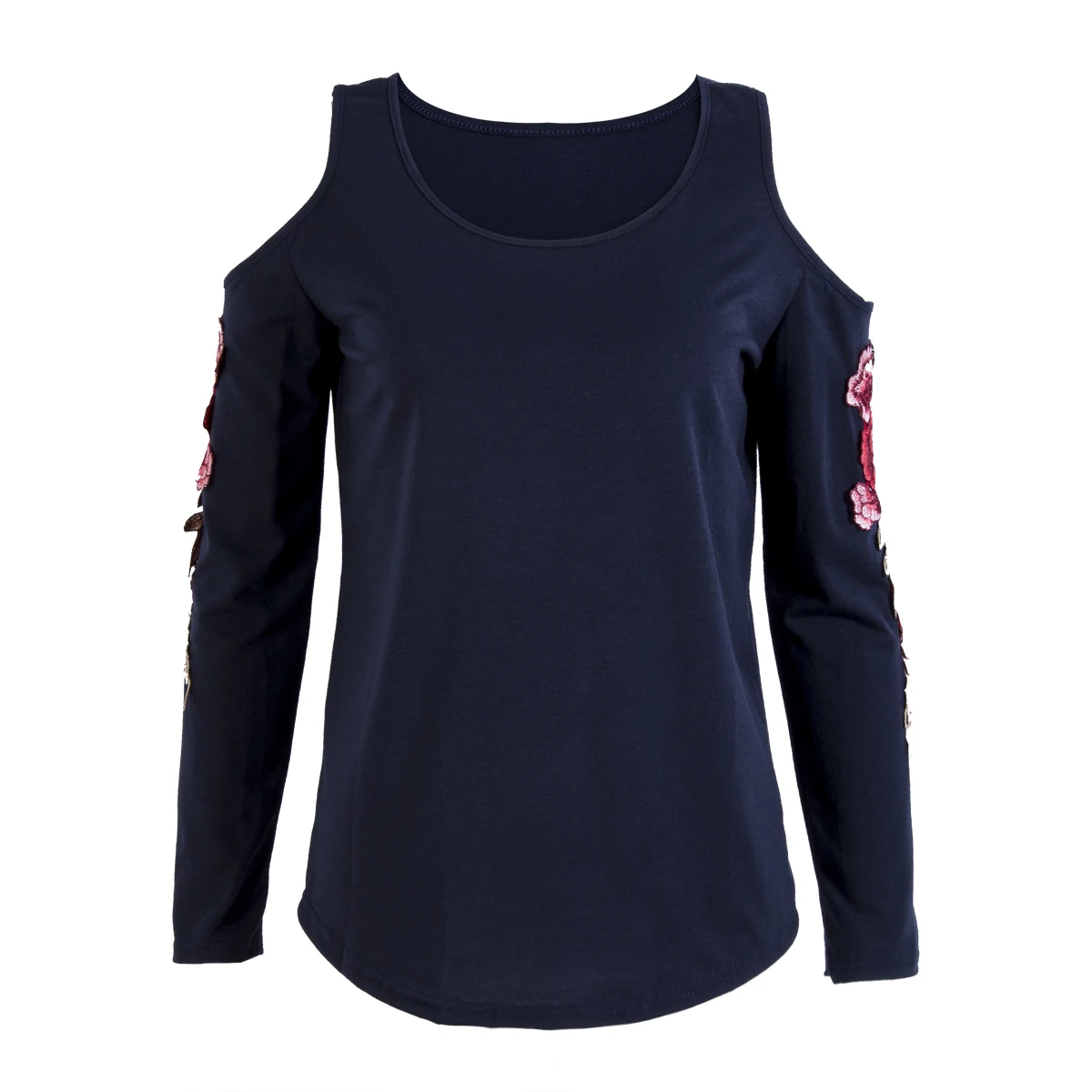 Pink Cut Out Embroidered Cold Shoulder Long Sleeves Blouses