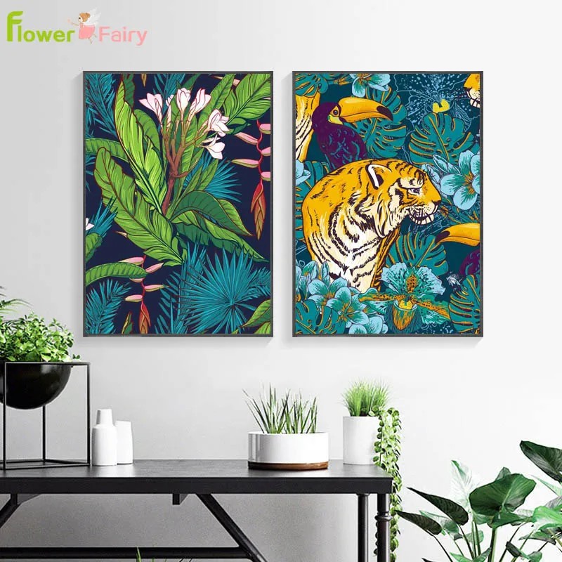 

Abstract Leaf Tiger Wall Art Canvas Painting Nordic Posters And Prints Birds Wall Pictures For Living Room Picture Unframed