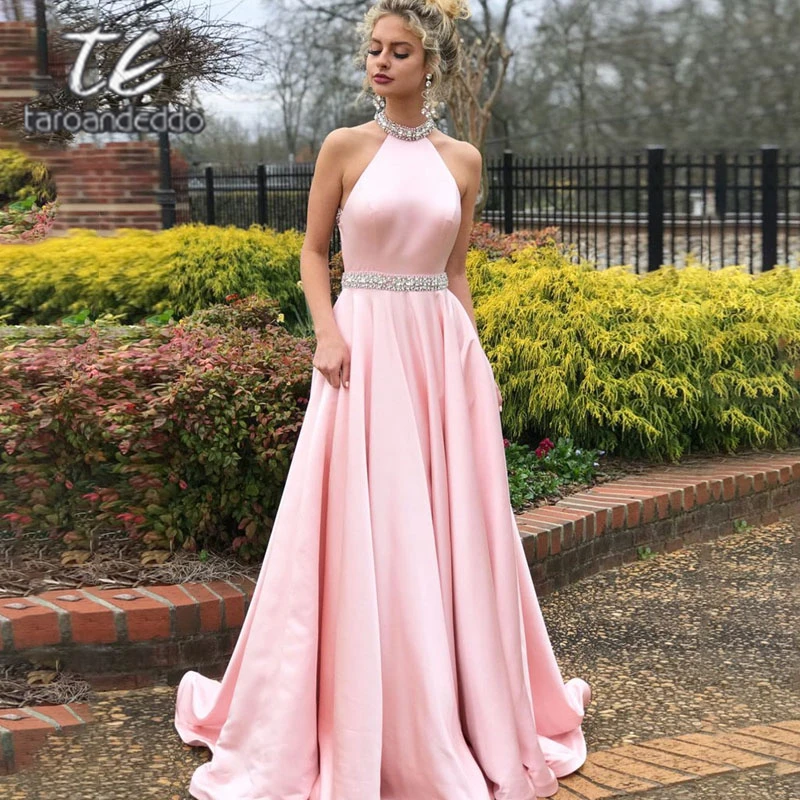 

Beading Halter Long Prom Dresses A Line Open Back Sleeveless Evening Formal Party Dress with Crystal Belt Vestido De Fiesta