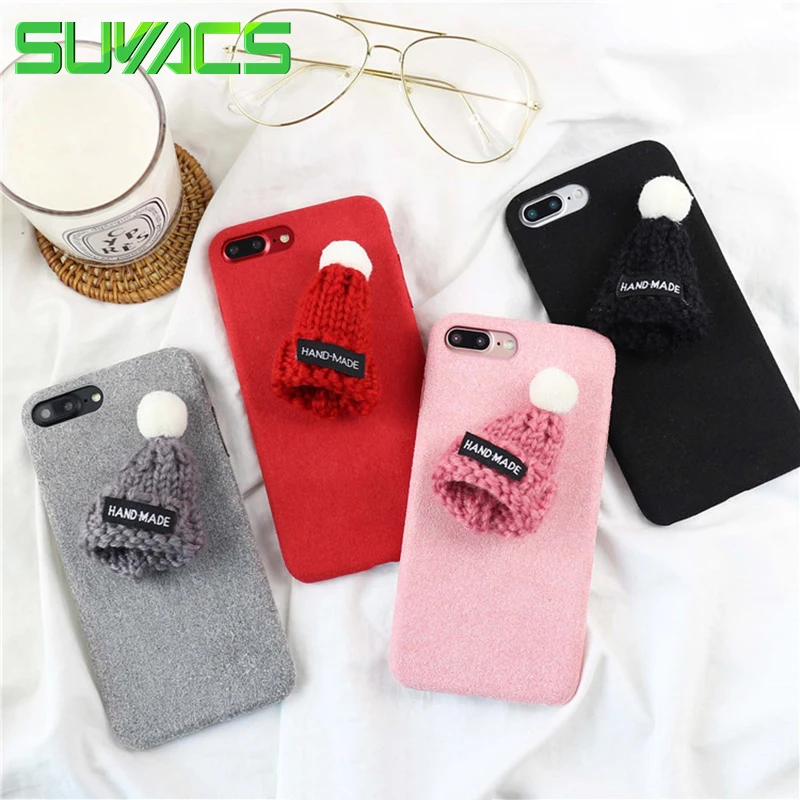 

SUYACS For iphone 5 5S SE 6 6S 7 8 Plus X XS MAX XR Hot Fuzzy Winter Handmade knitted Hat Soft Anti-Shock Mobile Phone Cover