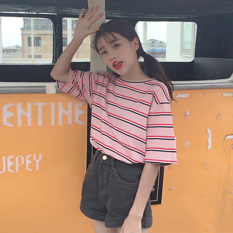 

2019 new Summer Short Sleeve casual loose T-shirts Korean kawaii stripe printed women T Shirt Women Striped Tops Harajuku Tshirt