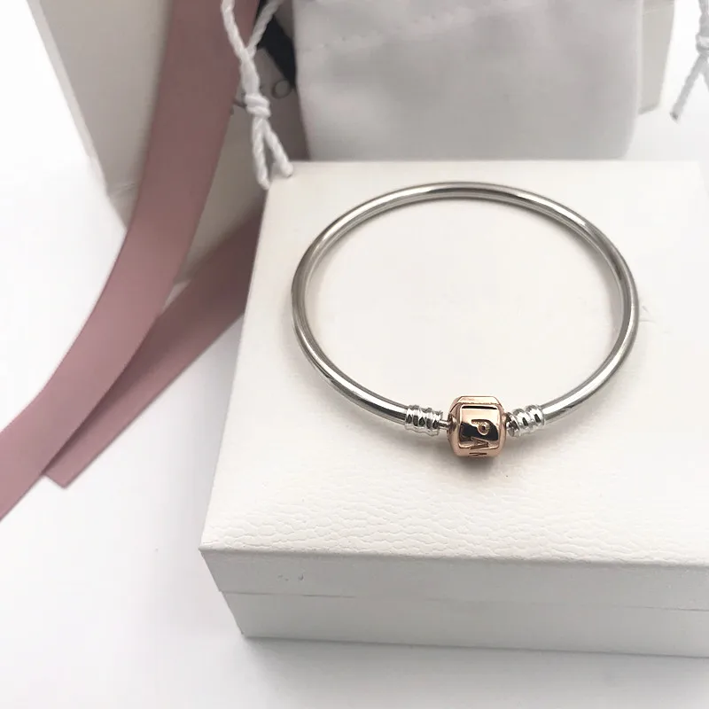 

2019 NEW Charm logo Engraved 925 silver bangle rose pandoras bracelet women jewelry Clasp chain,1pz
