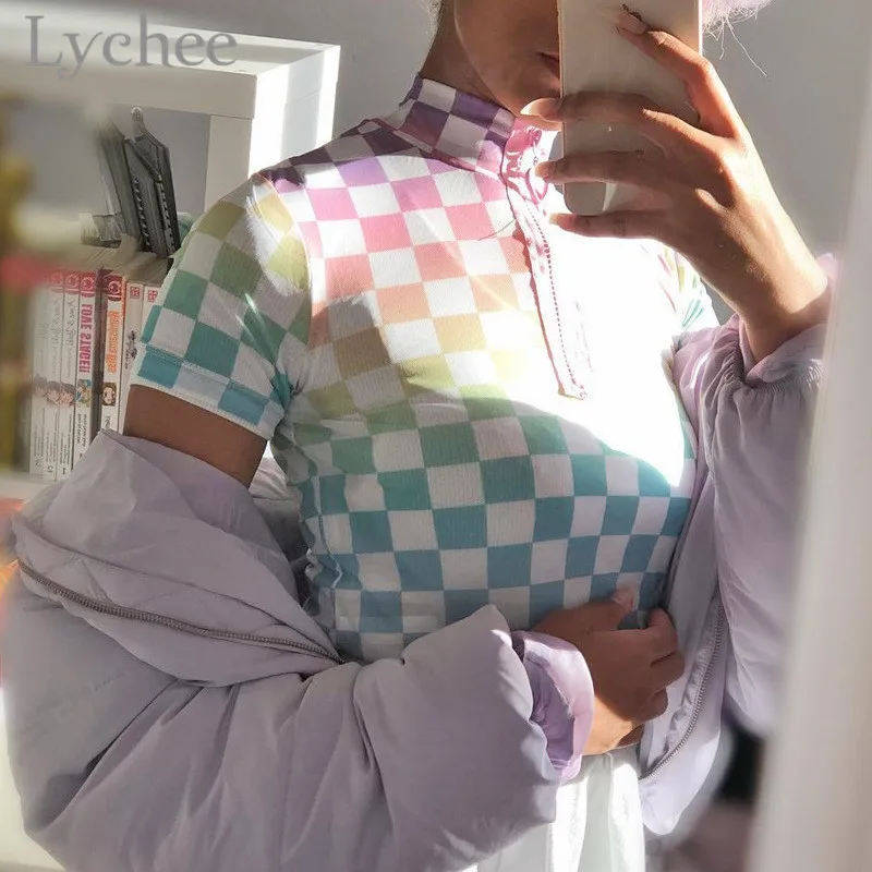 

Lychee Harajuku Turtleneck Plaid Crop Female T Shirts Top Tees Zipper Cut Out Short Sleeve Color Block Summer Women T Shirt