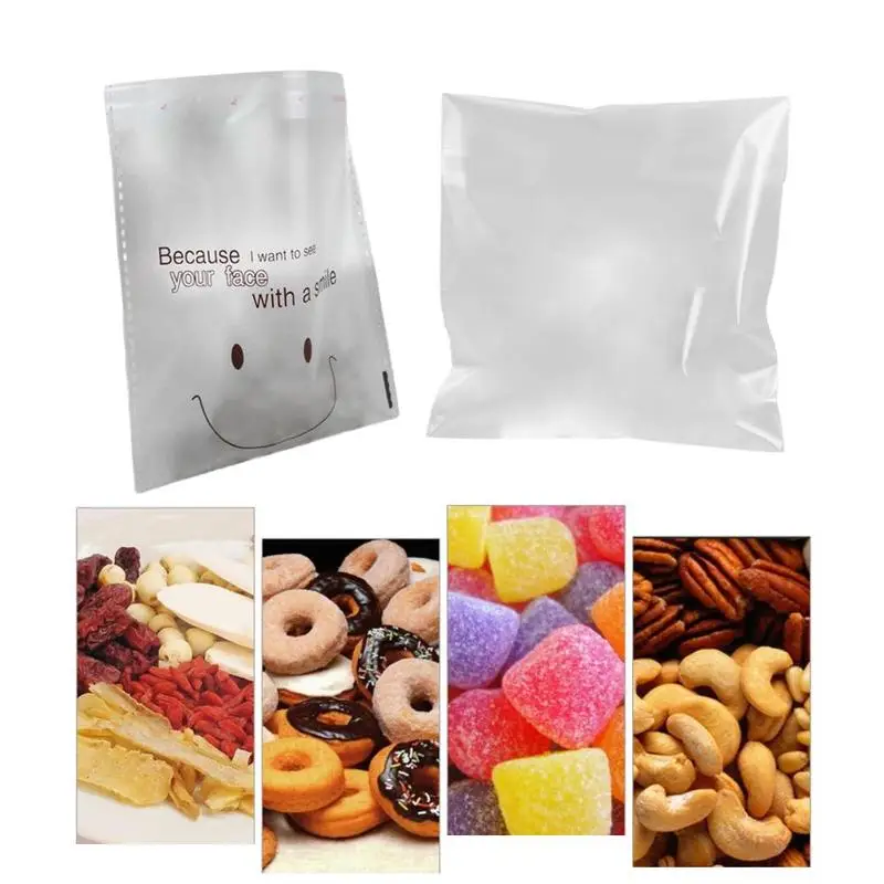 

100Pcs Plastic Bags Smile Face Cookie&Candy Bag Self-Adhesive For Wedding Birthday Party Gift Bag Biscuit Baking Packaging Bags