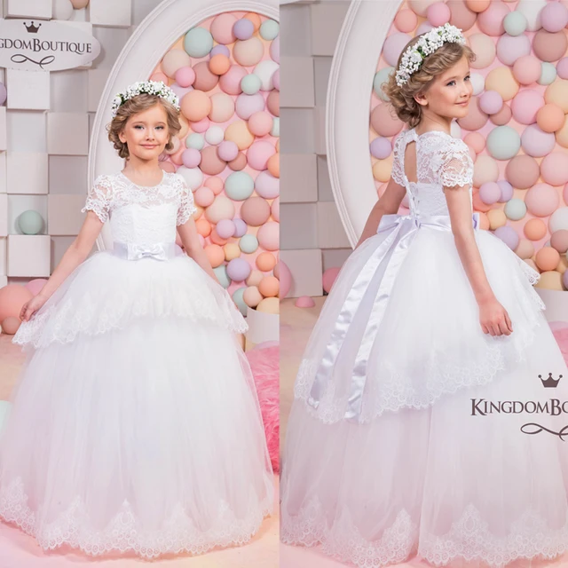 Cheap White Little Girls Party Dresses Long Sheer Crew Neckline Short Sleeve Lace Puffy Ball Gown Little Flower Girls' Dresses 2016