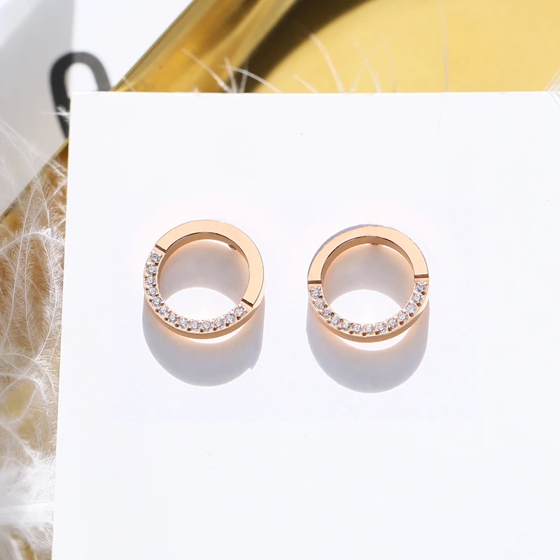 YUN RUO Новая мода кисточка Циркон CZ Круглые Серьги гвоздики розового золотистого цвета женский подарок титановая сталь хорошее ювелирное изделие никогда не выцветает